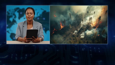 breaking news, woman and fire in tv studio