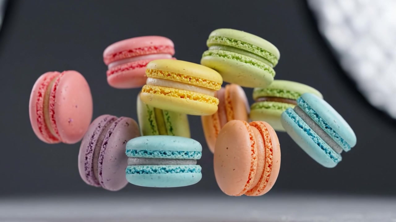 A Colorful Display of Macarons Suspended in Air: A Delightful Array of Flavors and Textures Captured in Stunning Detail, Perfect for Food Lovers and Confectionery Enthusiasts