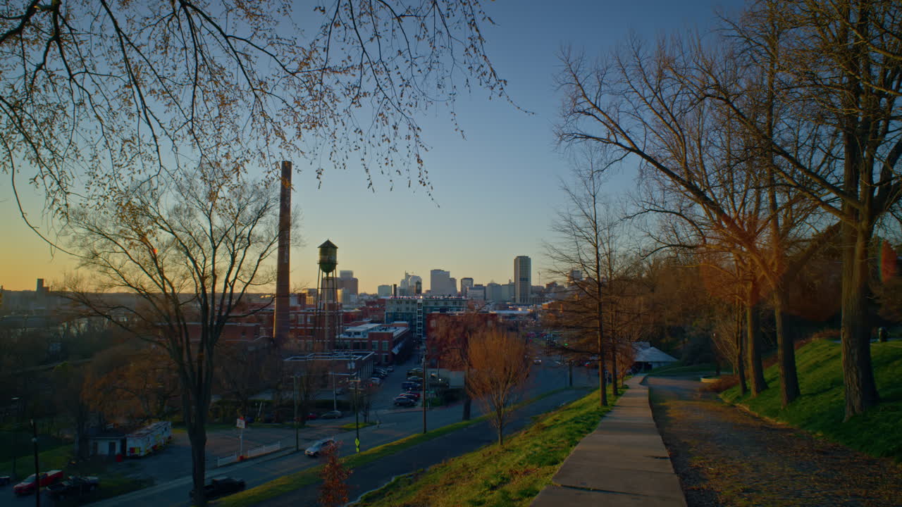 Gimbal shot of sunset in Downtown Richmond Virginia