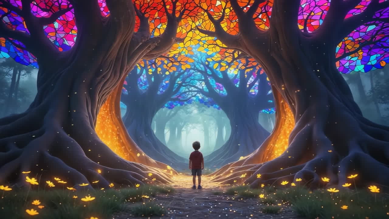 A Child's Journey Through the Magical Stained Glass Forest
