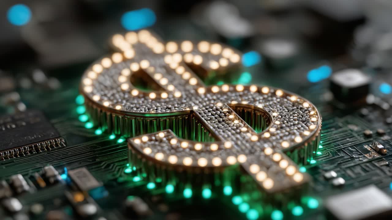 Intricate Macro Close-Up of a Glimmering Dollar Sign Embedded in a Circuit Board, Showcasing an Artistic Fusion of Finance and Technology