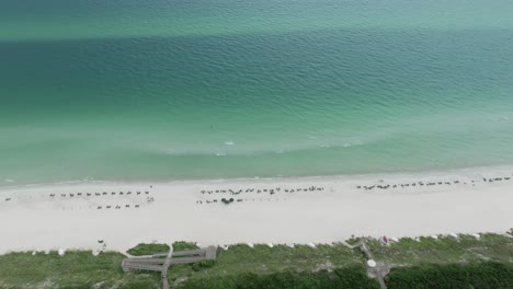 slide to right motion view of rosmery beach cost line with lounge chairs and blue-green waters with waves