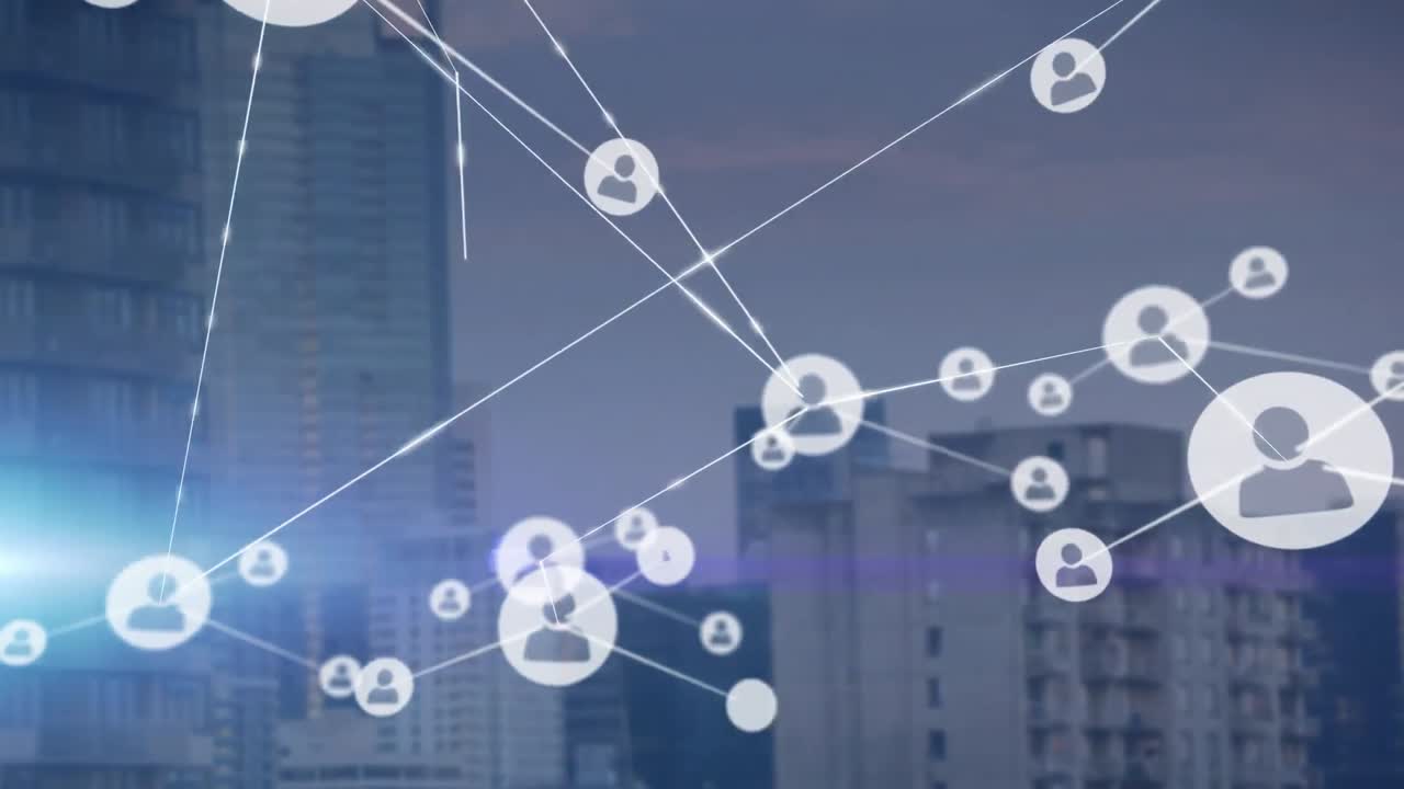 video compuesto digital de la red de conexiones contra edificios altos en el fondo