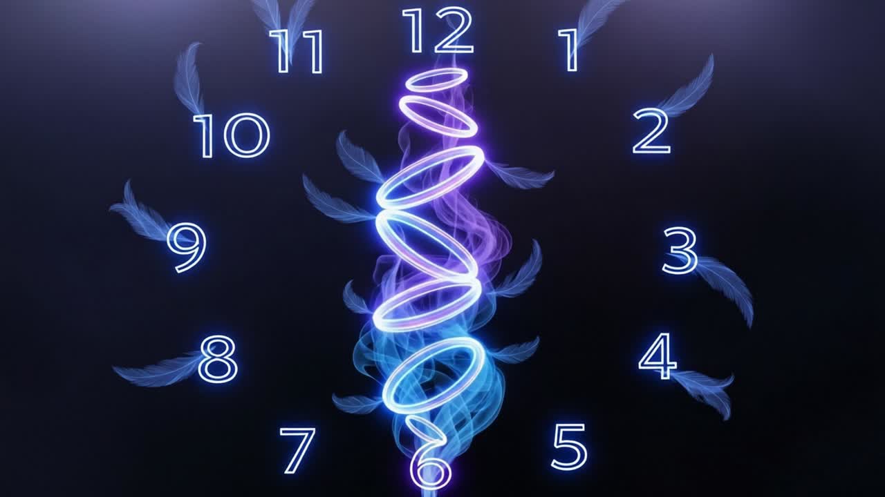 A captivating visual representation of time, featuring a swirling clock design with glowing rings and ethereal wisps, creating a mesmerizing effect that defies conventional perception of hours
