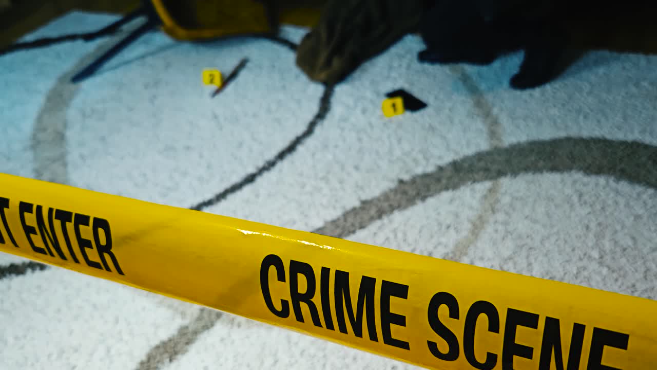 Police investigator or forensic detective moving and walking around at a crime scene photographing evidence next to police crime markers like bloody knife and a phone in a apartment or house indoors