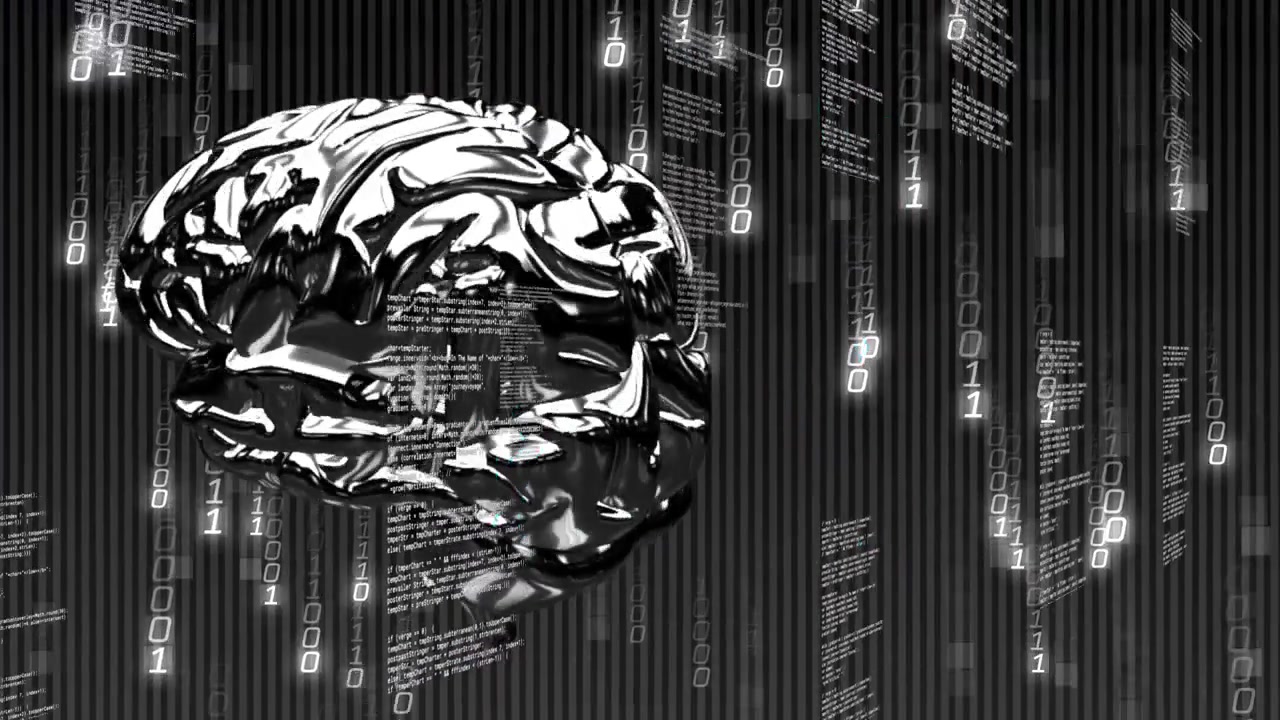 Starting tilt, chrome brain rotating, binary code streaming and cyan icons pulsing, showing data