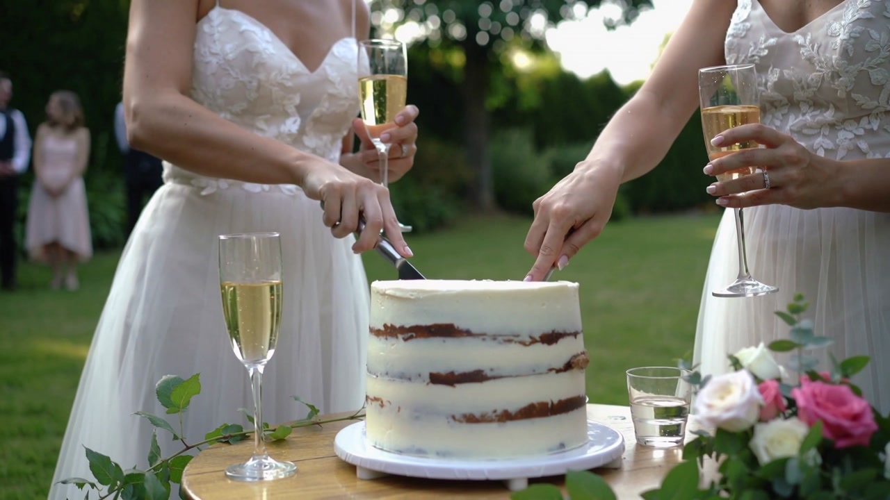 Holding flutes and knives, two brides in white gowns cutting cake on lawn, celebrating union