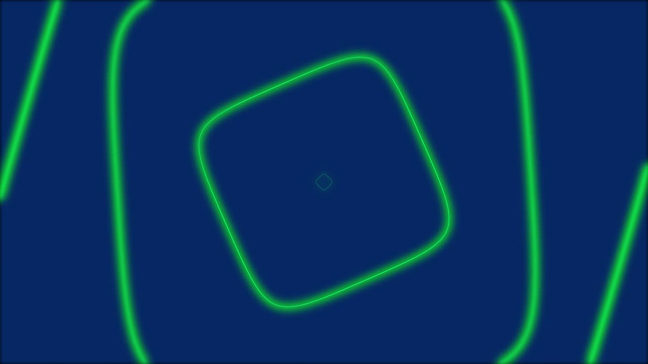 las formas geométricas cuadradas de neón digital en bucle de fondo. patrón de animación brillante futurista de 4k que se mueve hacia adelante con colores verdes ácidos en el azul oscuro. concepto cibernético con espacio de copia
