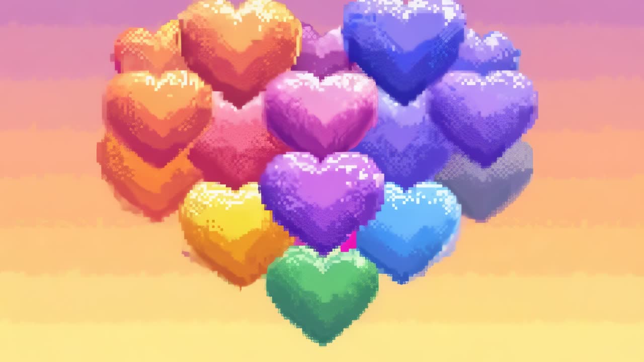 Pixel art video style with vibrant heart shapes forming a cluster
