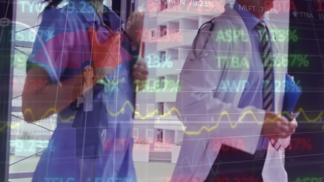 Walking, medical professionals with animation of stock market data in background