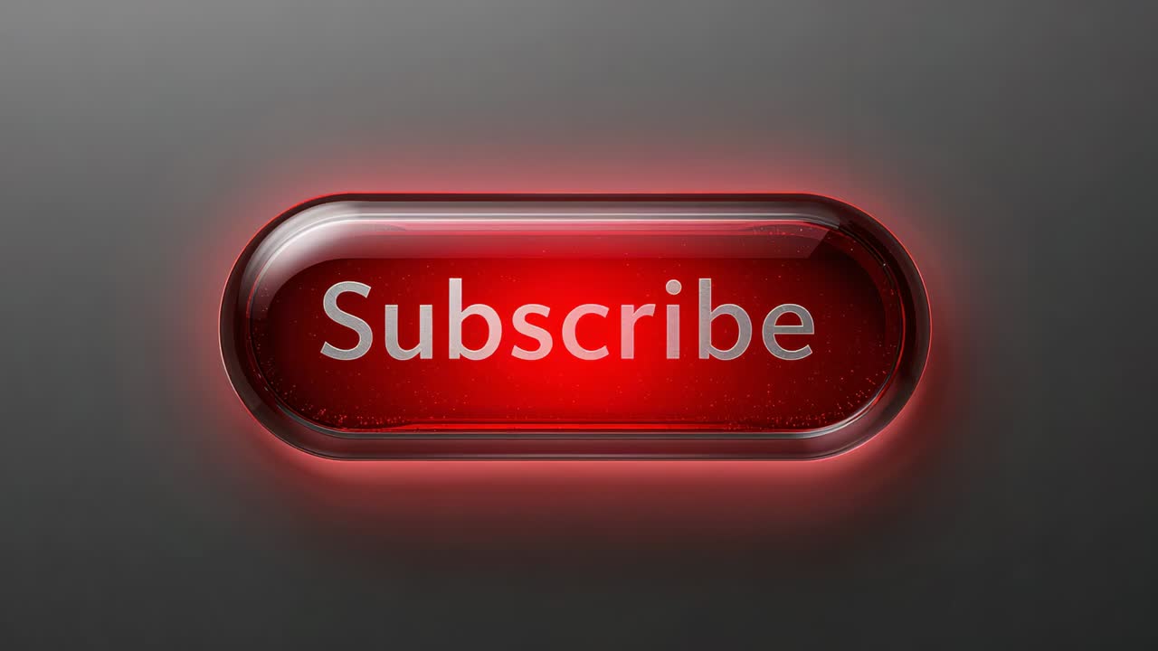 Pulsing glossy red Subscribe button brightening on dark gray gradient at start, to draw attention