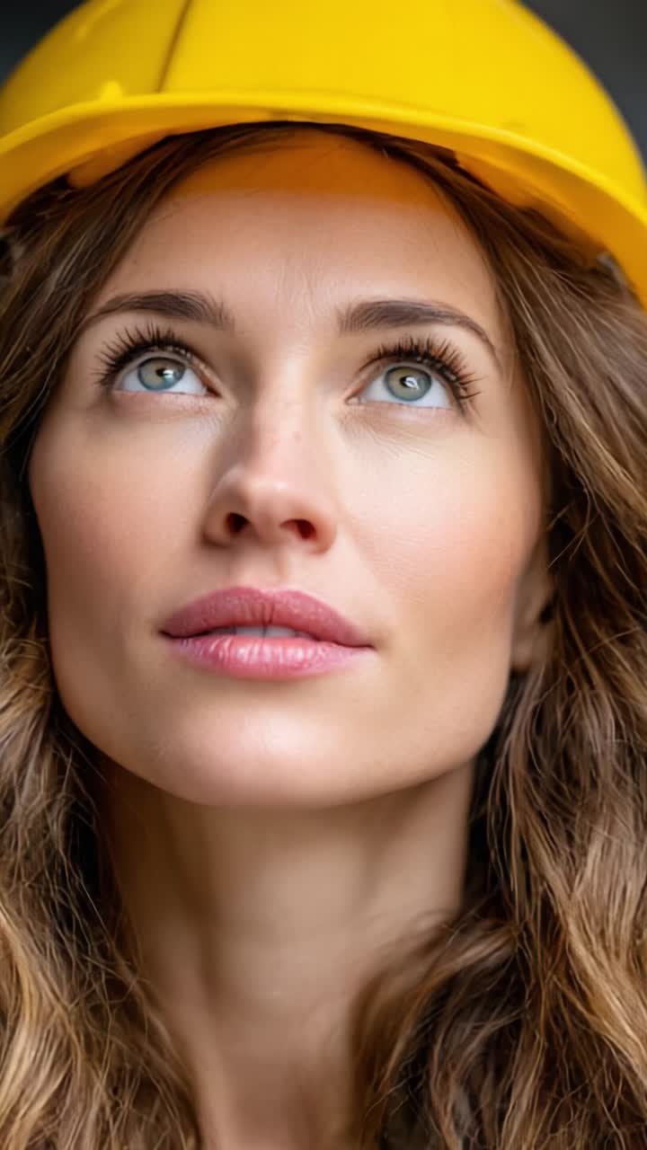 A contemplative woman in a yellow hard hat gazes upward, embodying determination and focus while considering her next steps in a professional environment