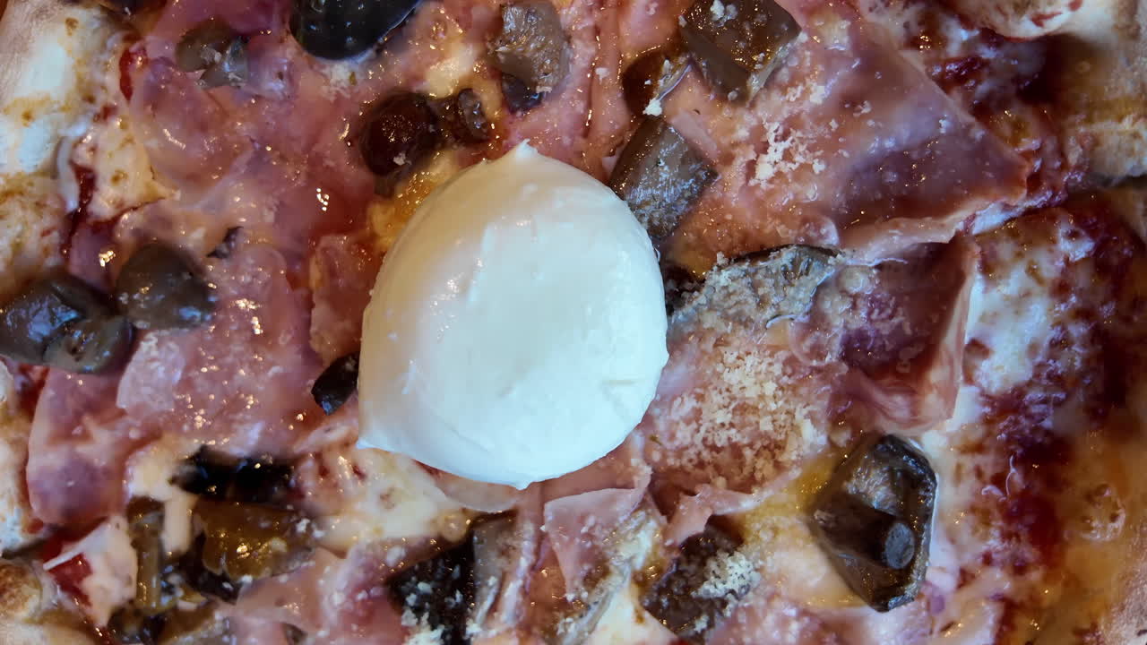 Italian pizza with mushroom and prosciuto cotto and burrata