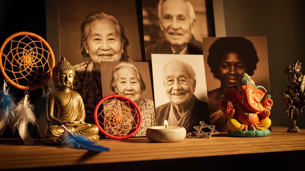 A collection of portraits and spiritual objects