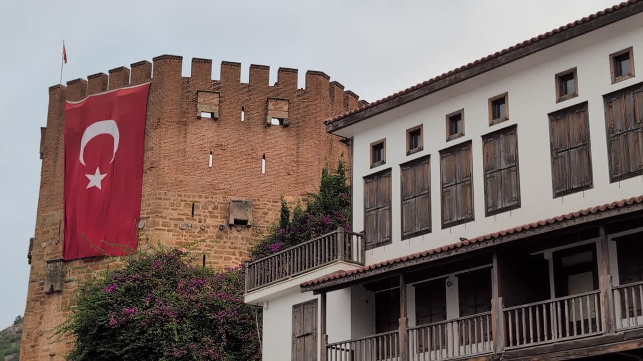 Iconic view of the Red Tower (Kızıl Kule), a 13th-century Seljuk structure located in the coastal city of Alanya, Turkey