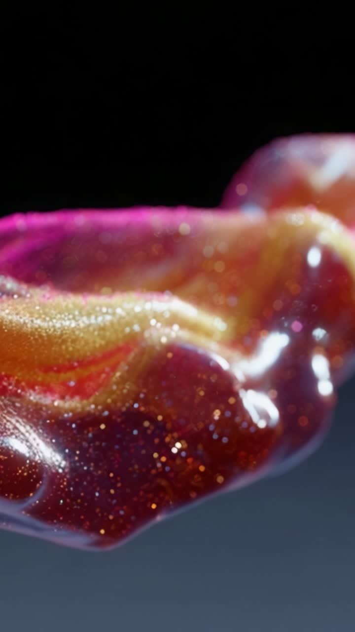 Un primo piano ipnotizzante di una superficie di gel colorata e scintillante con vivaci tonalità di rosa e arancione e texture scintillanti, che mostra le sue squisite dinamiche fluide