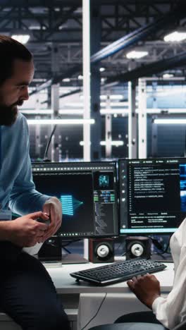 vertical video system administrator and employee in data center coding with generative ai