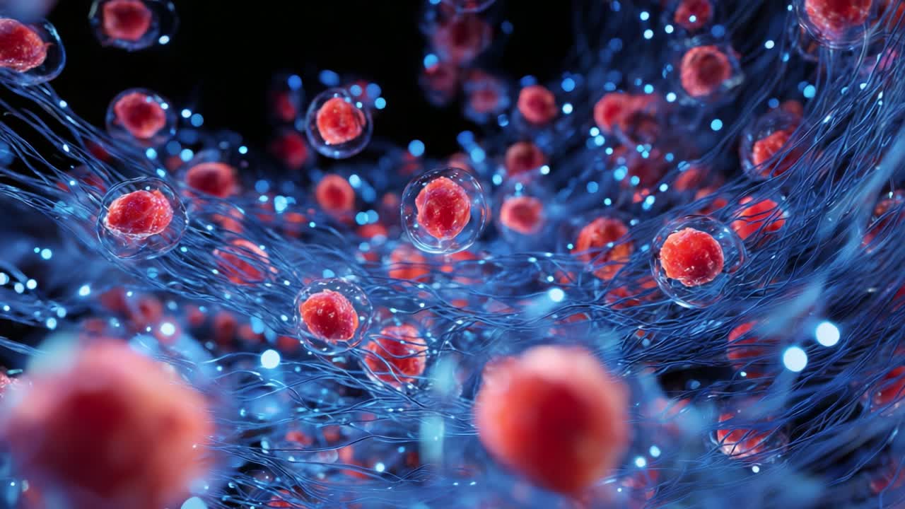 A Stunning Visualization of Microscopic Cells Amidst a Web of Fibers, Showcasing the Intricate Details of Cellular Structures Against a Dynamic Background