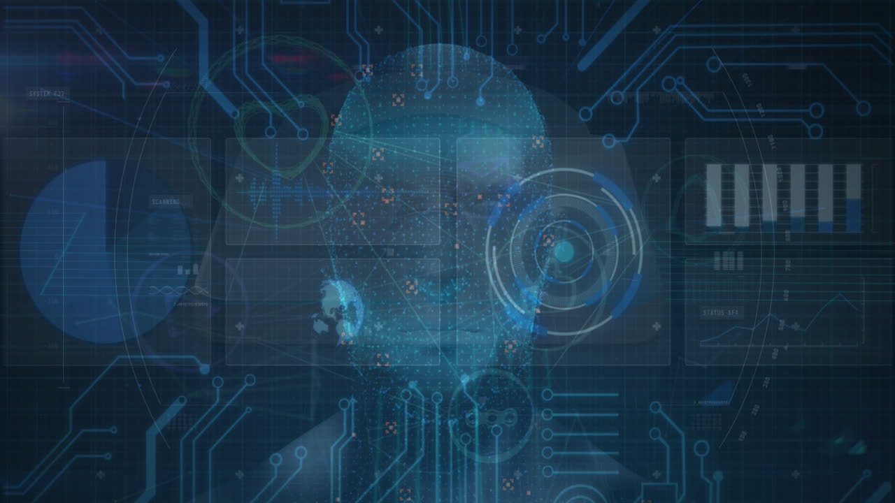 animación de conexiones de microprocesador y escaneo de alcance con procesamiento de datos contra la cabeza humana