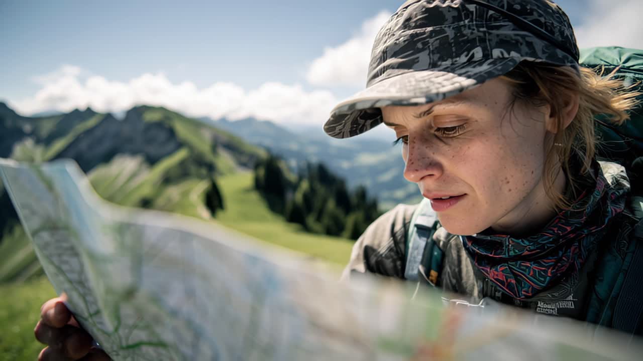 Close-up footage of a young woman hiker studying a paper map outdoors in alpine mountains on a sunny day, planning route and navigation during a trekking trip