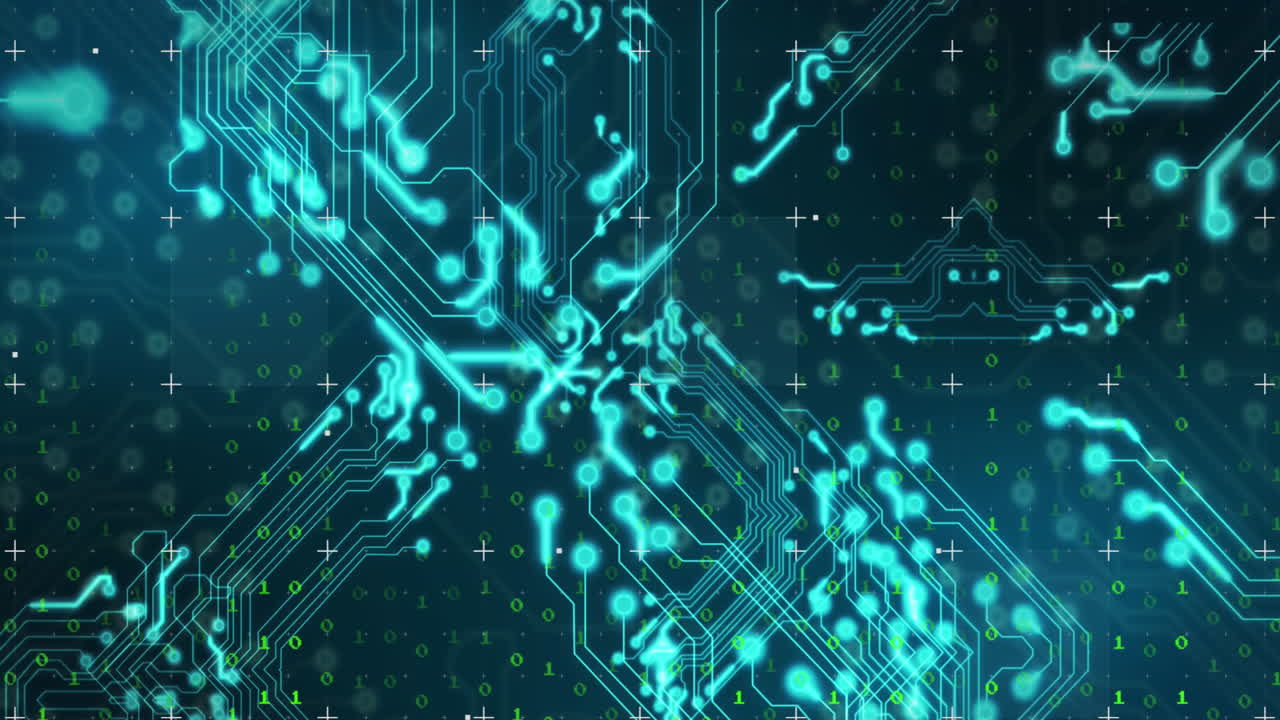 파란색 배경에 바이너리 코딩과 반이는 마이크로프로세서 연결의 애니메이션