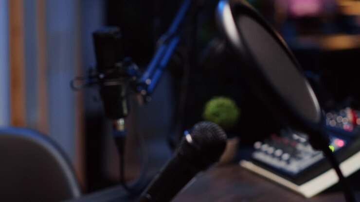 Inquadratura con zoom indietro di un microfono da podcast usato per registrare conversazioni con una qualità audio impeccabile