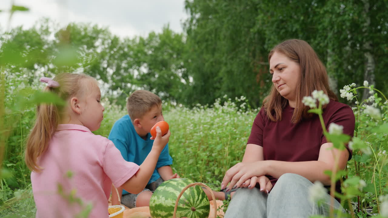 햇살이 비치는 초원에서 하얀색 옷을 입은 엄마가 피크닉 담요 위에서 딸이 건네는 오렌지를 받고, 소년은 수줍은 미소로 바라보는 모습. 밝은 시트러스, 야생화 배경, 부드러운 건넴이 장난기 넘치는 너그러움을 담아냅니다.