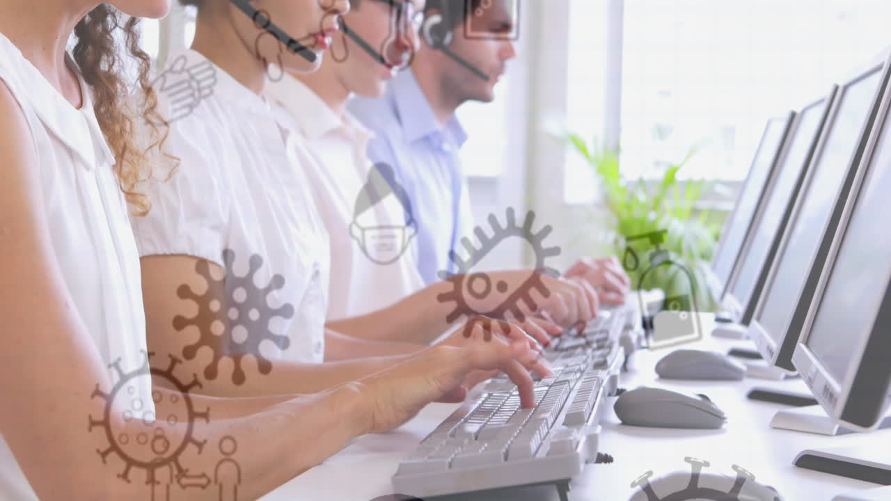 iconos del concepto de coronavirus contra los ejecutivos de atención al cliente que trabajan en la oficina