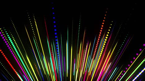abstrakter 3d-loop-hintergrund mit leuchtenden partikeln, die in einem 3d-raum in einer reihe angeordnet sind. festliche vj-loop mit mehrfarbigen partikeln und glatte animierte kamera. bewegungsdesign-hintergrond.