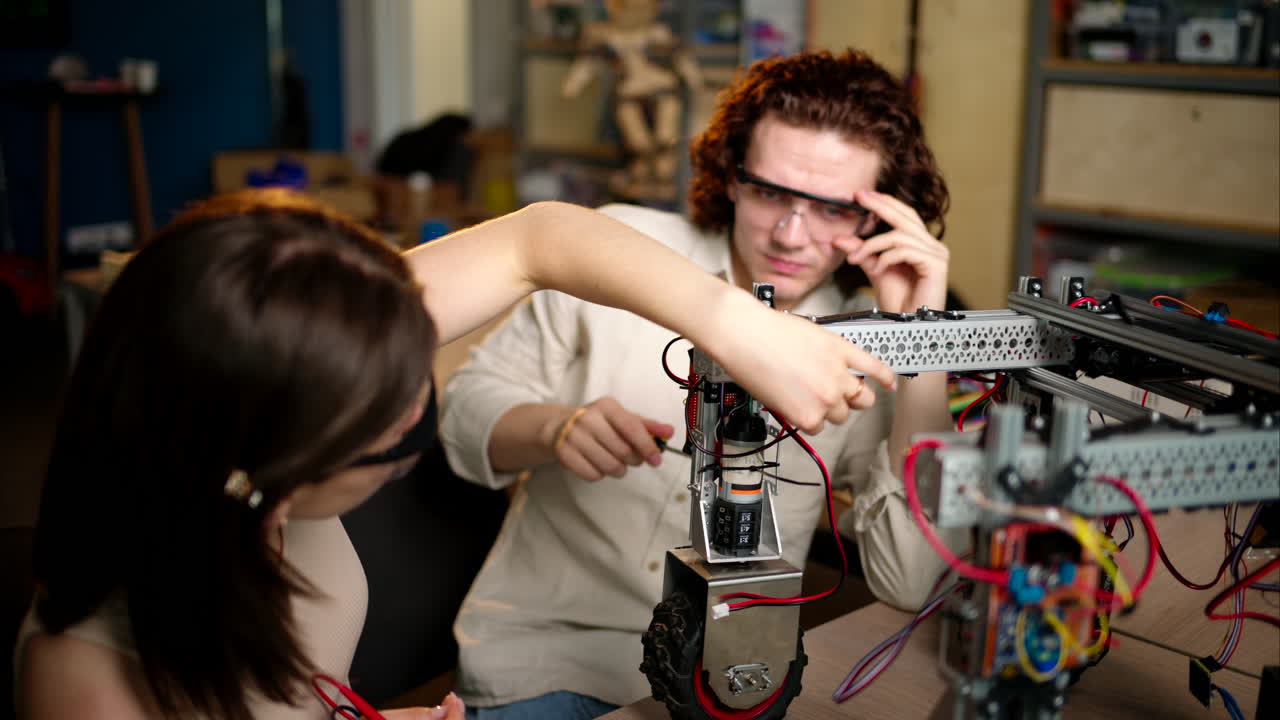 Two young engineers fixing a mechanical robot car in the workshop