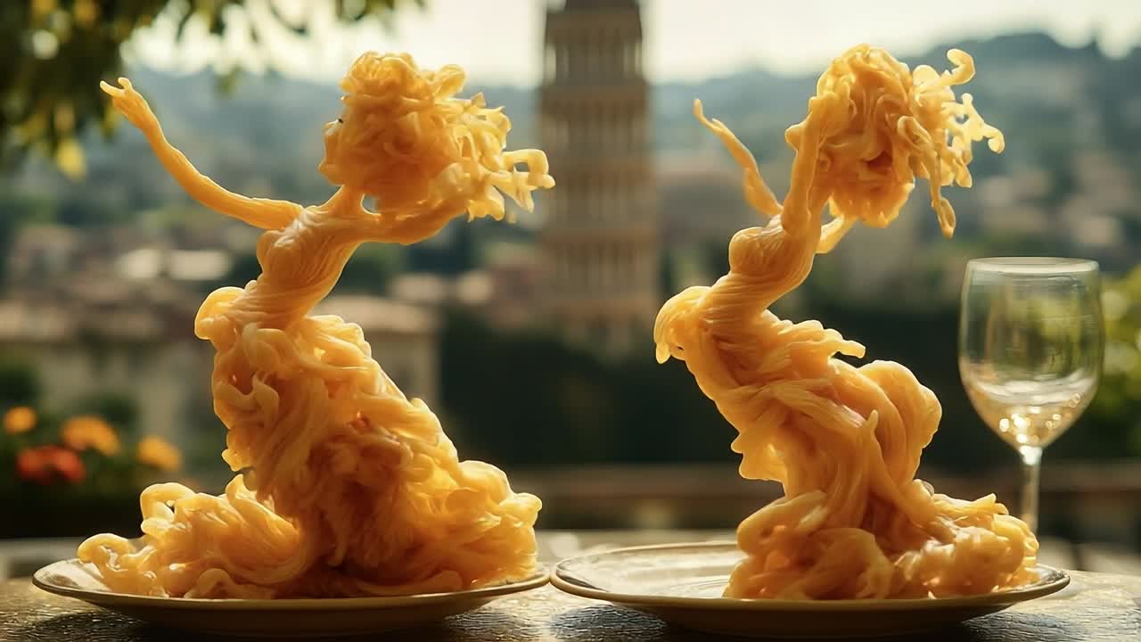 Pasta art sparks creativity. Two whimsical pasta sculptures of dancers are outdoors, framed by vibrant greenery and sunlight.