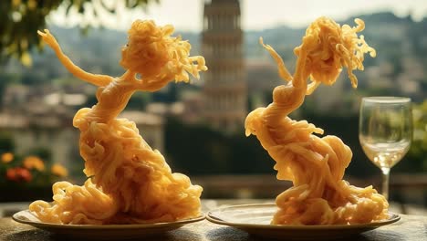 pasta art sparks creativity. two whimsical pasta sculptures of dancers are outdoors, framed by vibrant greenery and sunlight.
