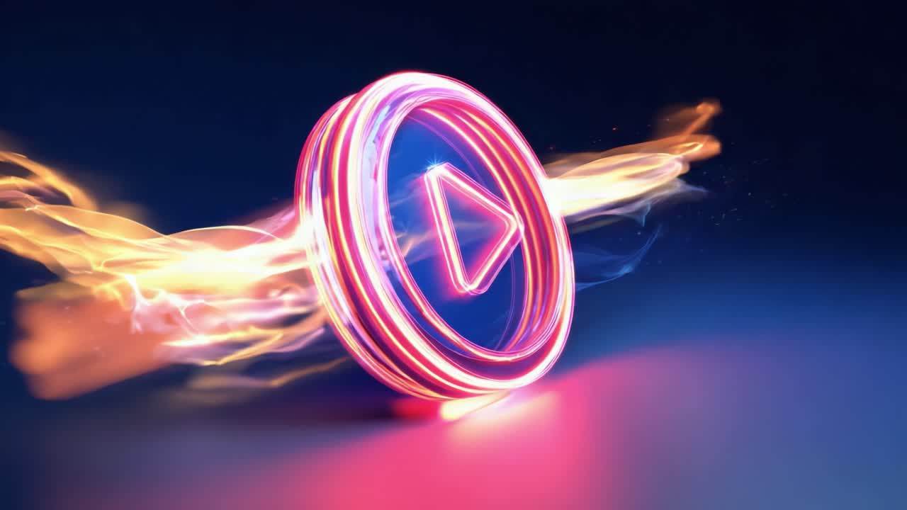 Dynamic Play Button in Vibrant Motion with Illuminated Trails; A Stunning Digital Representation of Video Playback and Interactive Media; Capturing Movement and Energy in a Modern Design