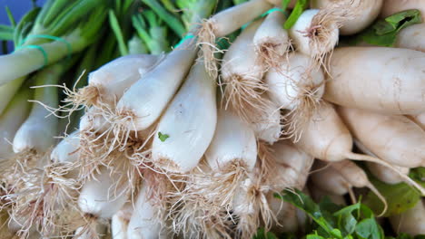 Cebolletas-Frescas-Y-Rábanos-Daikon-Blancos-De-La-Granja-Local-Para-La-Venta-En-Un-Mercado-De-Agricultores-Orgánicos,-Bioverdes-Saludables,-Tomas-De-4k