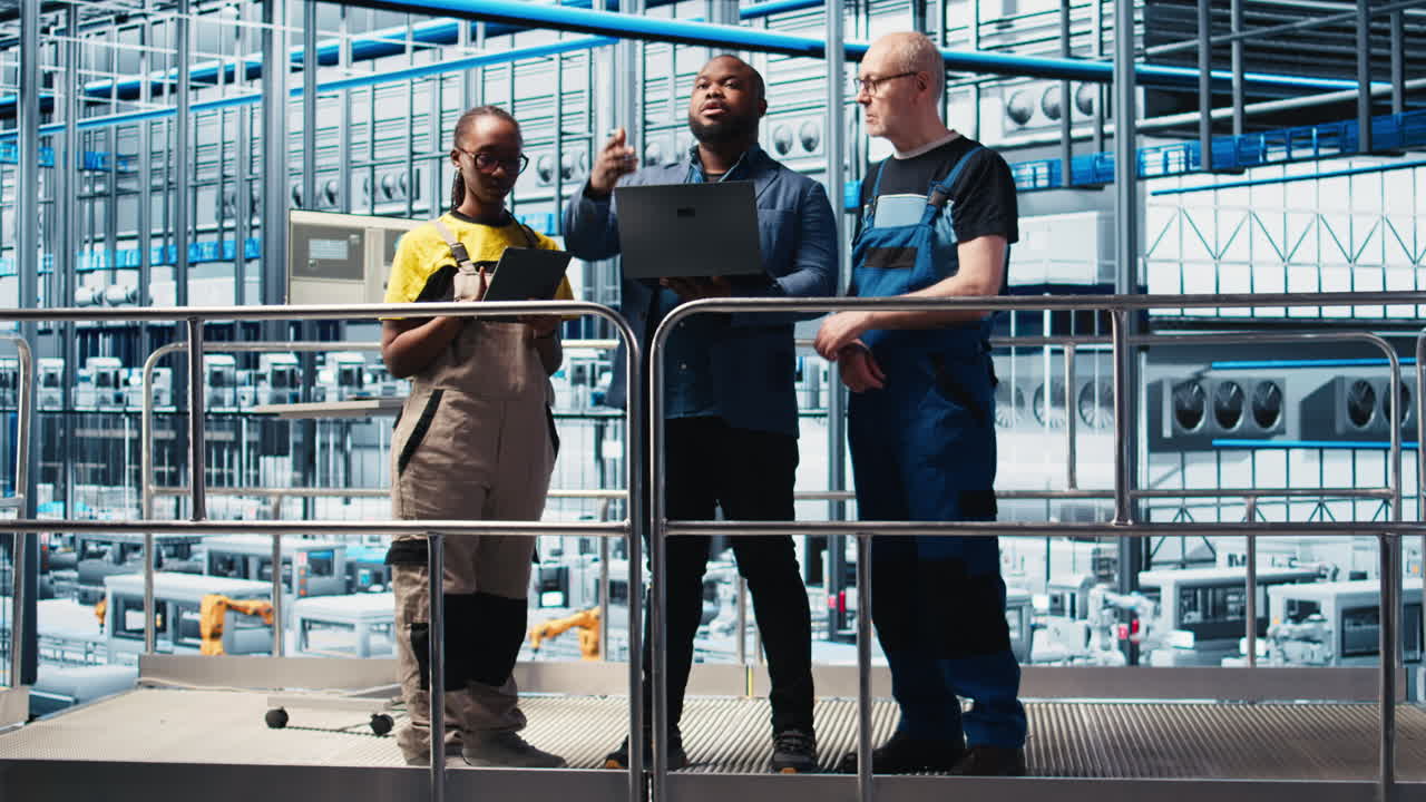 Smart factory manager discussing with employees