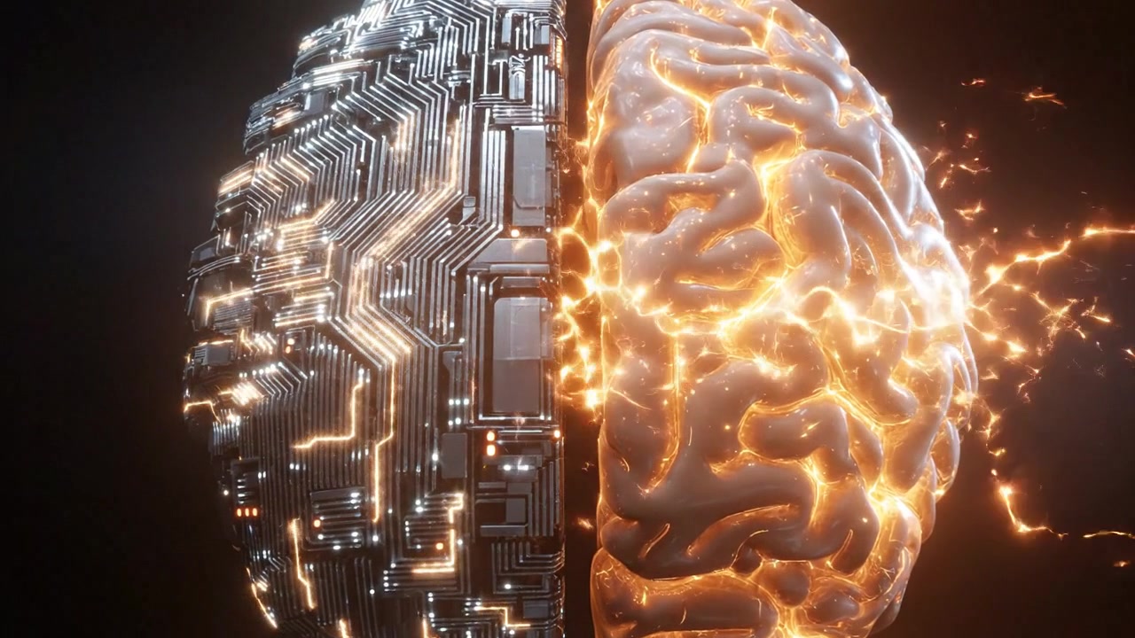 Cervello umano diviso tra strutture meccaniche e organiche su sfondo scuro