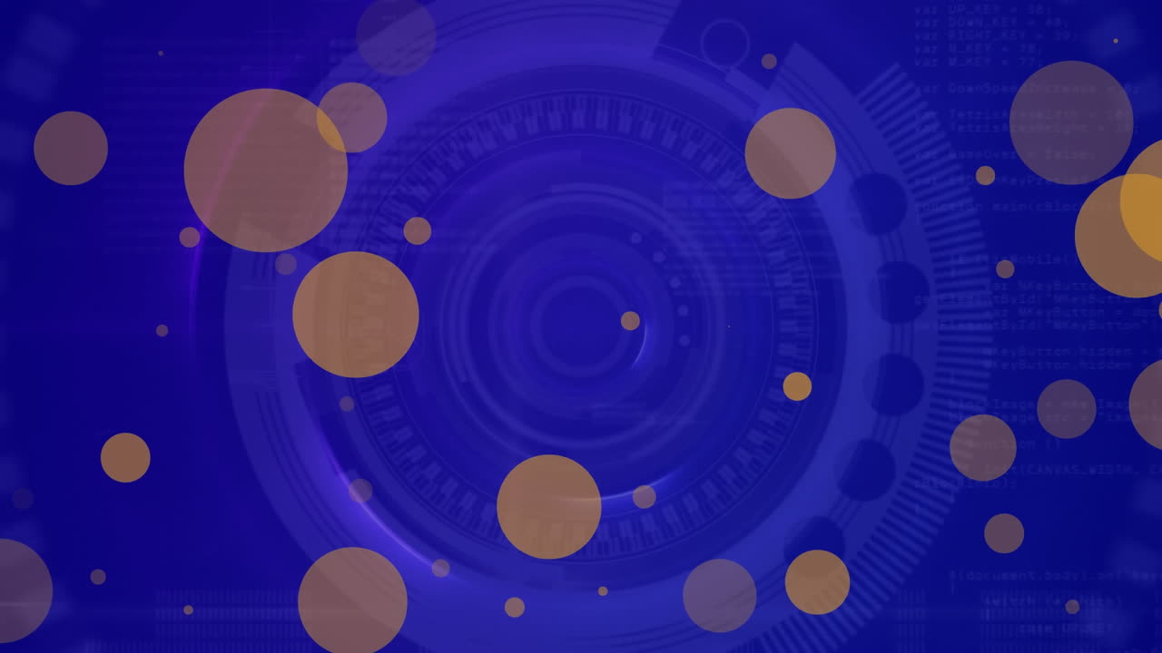 오렌지색 반점이 둥근 스캐너를 회전시키고 파란색 배경에 대한 데이터 처리