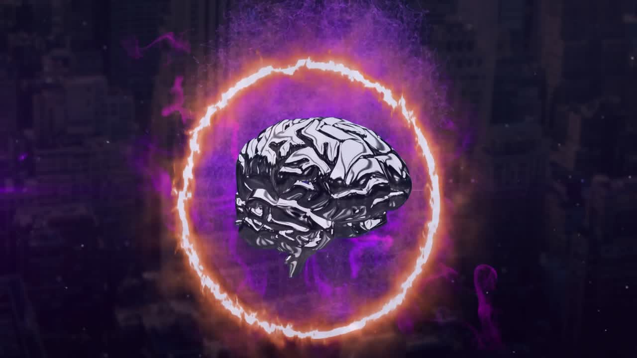 animación del cerebro digital con círculo de fuego y humo púrpura sobre el paisaje urbano.