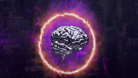 Animation-of-digital-brain-with-fire-circle-and-purple-smoke-over-cityscape