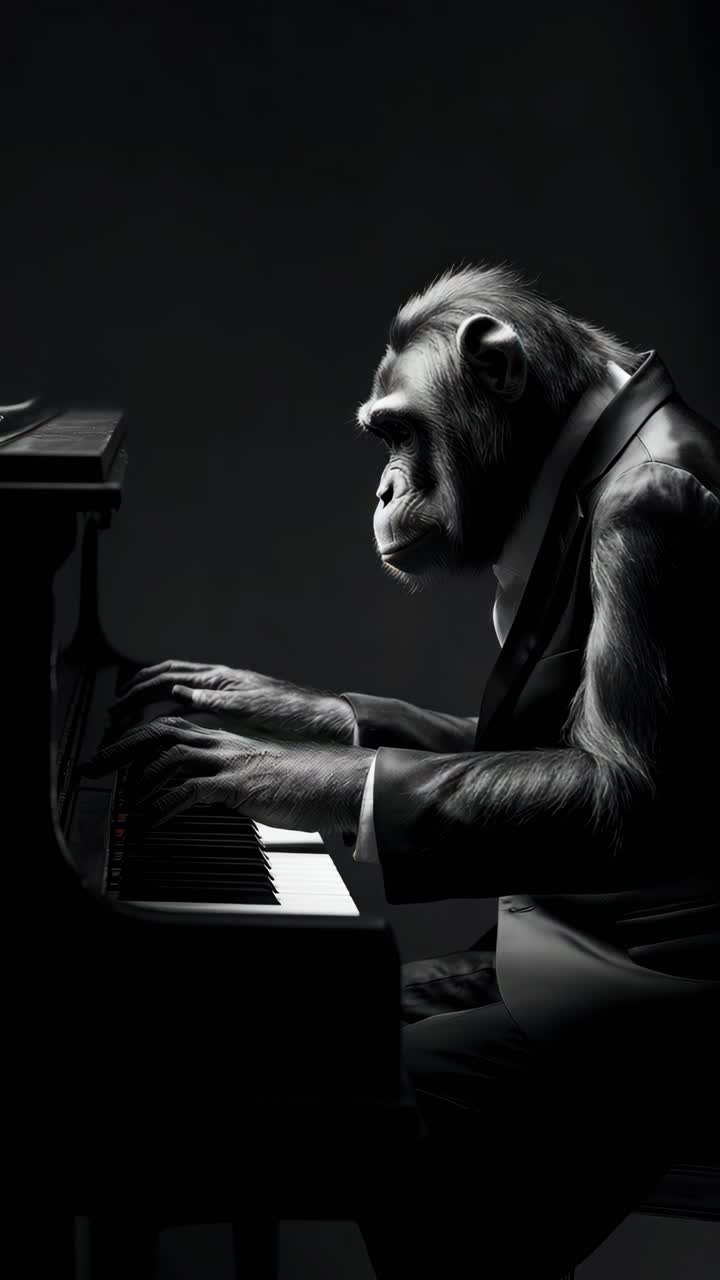 En chimpanse i smoking spiller på et flygel i et svagt oplyst rum
