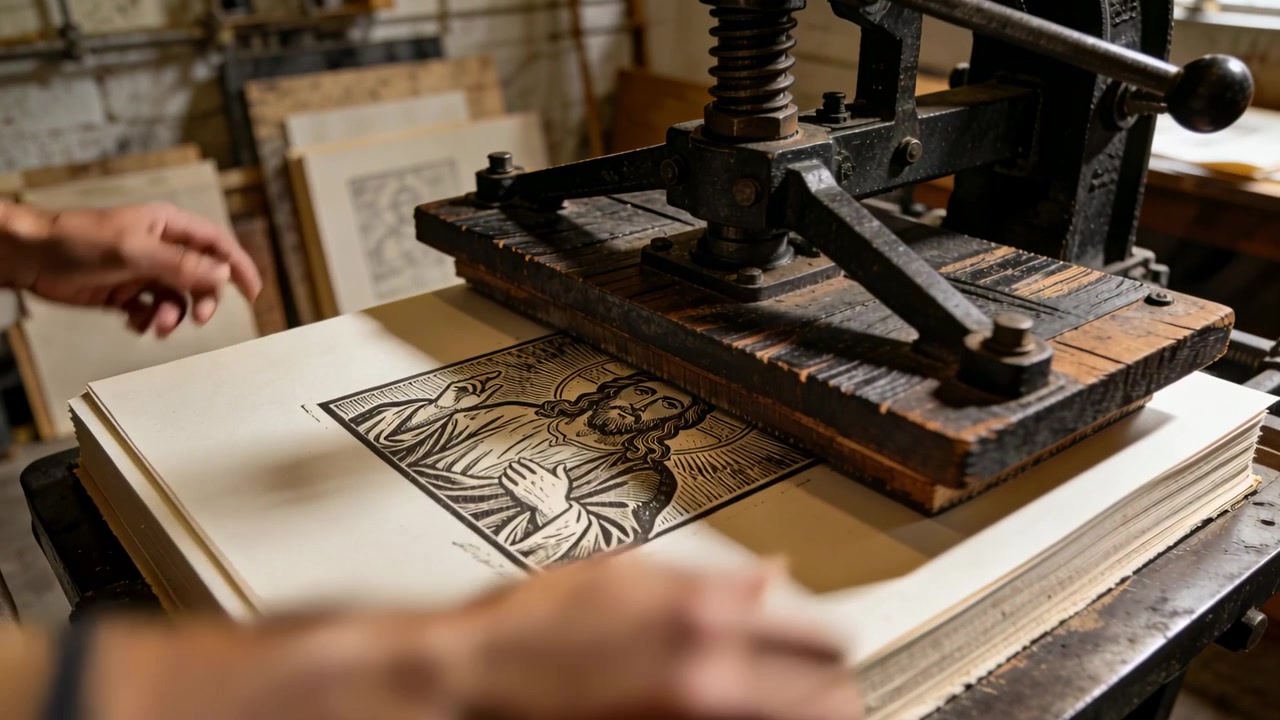 Tirando de la palanca, manos con rayas alineando hojas en el estudio, haciendo una impresión en relieve en la prensa