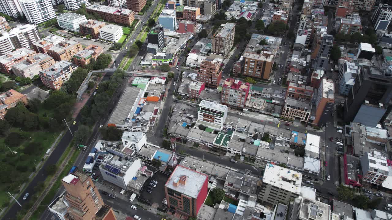 Top view of High buildings and traffic on road around Bogota downtown, Colombia