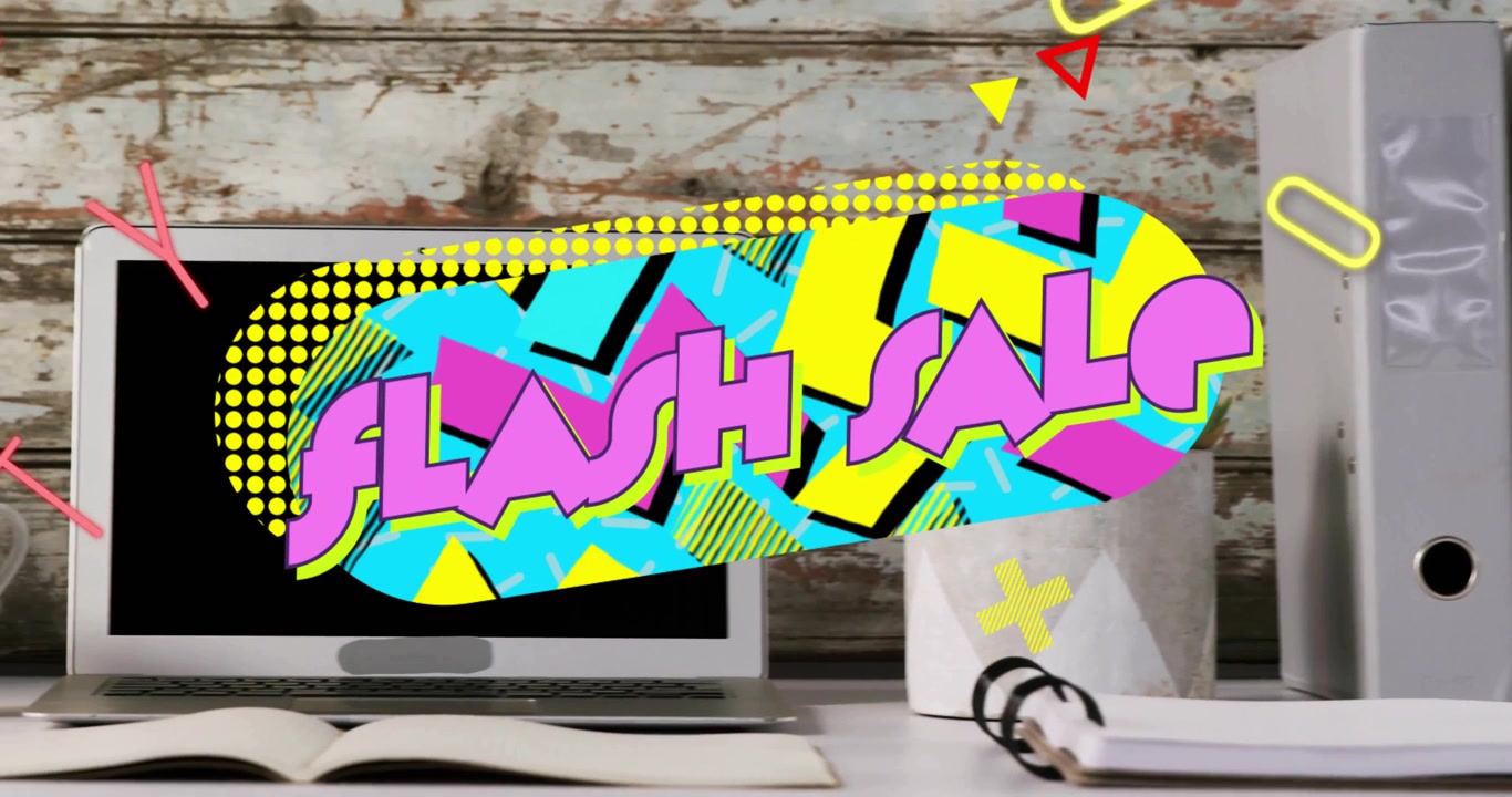 Grafica stilizzata al neon di una vendita flash che anima il display di un laptop, fondendo forme retrò con una parete di legno.