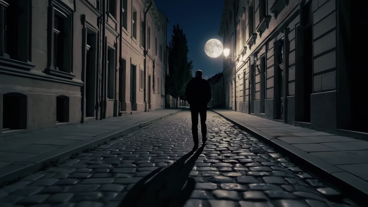 Man Walking Down a Stone Alley at Night Under a Full Moon