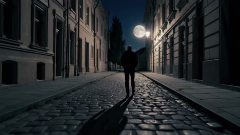 man walking down a stone alley at night under a full moon