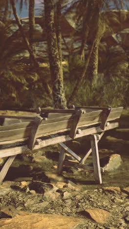 old wooden boat rests by calm water surrounded by trees and rocks