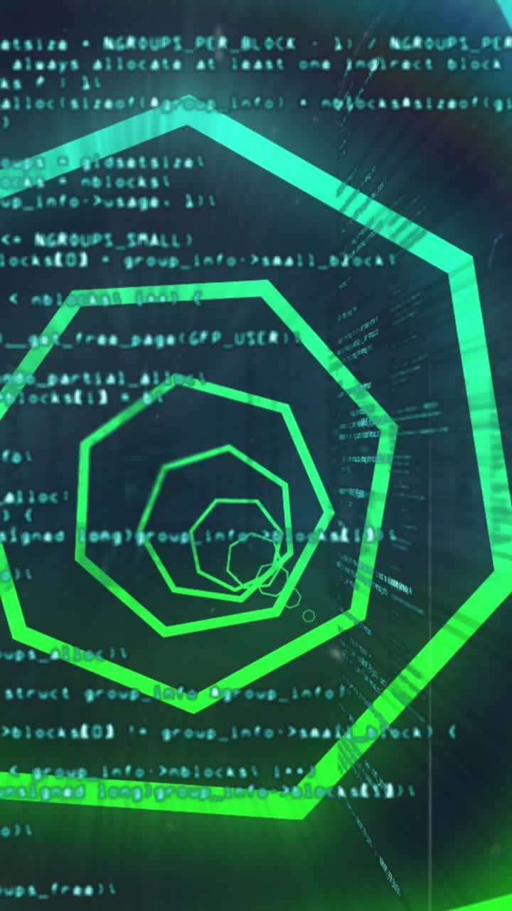 Animation of blue and green neon geometrical shapes over data processing