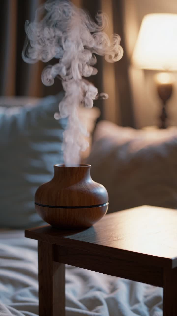 Cozy bedroom scene with a wooden vase on a bedside table, captured at eye level