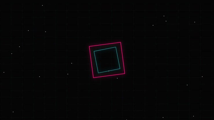 Abstract Neon Squares Rotating and Pulsing on Dark Grid Background