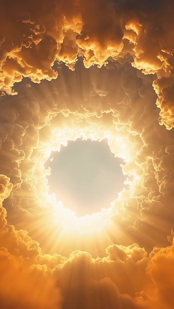Video verticale: Sole che filtra attraverso un buco circolare nelle nuvole, rilasciando caldi raggi di sole sopra nuvole velate.